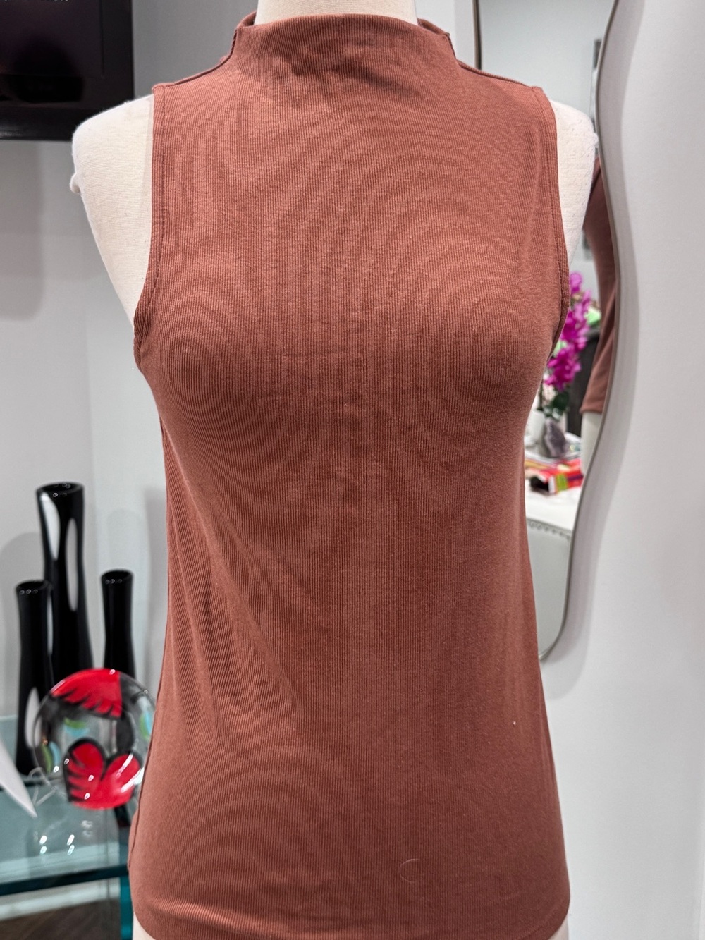 A New Day Mock Neck Brown Ribbed
Sleeveless Top